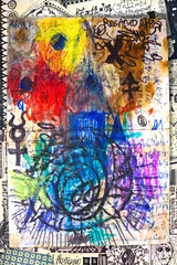 Photo sur Plexiglas Imagination Abstrait avec croquis, dessins, formules, écrits et gribouillis colorés.