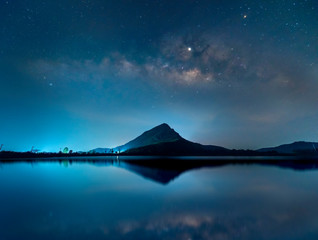 Night sky with stars and The Milky Way is above the mountain and reflection on the water (Lam Isu Reservoir) Kanchanaburi, Thailand