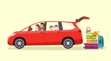 Funny  family sits in the car with an open trunk. Suitcase, bags and other luggage next to the trunk of the car. Vector flat style illustration © lyudinka