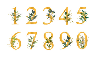 Golden floral numbers with green leaves and gold splatters isolated