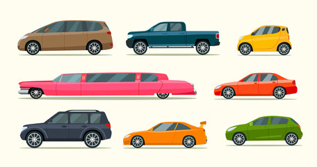Big set of different models of cars. Vector flat style  illustration