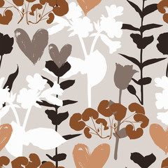 Vector seamless floral pattern with hearts and shapes of plants