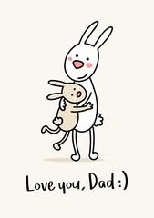 Happy father rabbit with his son. Happy Father`s Day cartoon flat vector greetings card