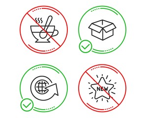 Do or Stop. Opened box, World globe and Tea cup icons simple set. New star sign. Shipping parcel, Around the world, Coffee with spoon. Shopping. Business set. Line opened box do icon. Vector