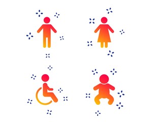WC toilet icons. Human male or female signs. Baby infant or toddler. Disabled handicapped invalid symbol. Random dynamic shapes. Gradient wc icon. Vector