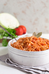 Cabbage stew made from: cabbage, onion, carrot, celery and tomatoes.