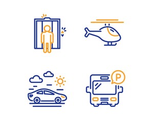 Elevator, Car travel and Helicopter icons simple set. Bus parking sign. Lift, Transport, Copter. Public park. Transportation set. Linear elevator icon. Colorful design set. Vector
