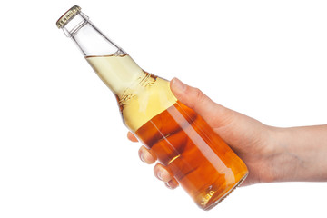 Hand holding a beer bottle without label isolated on white background