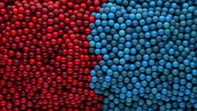 3d render abstract background with balls that fill screen from the side and start to mixing.