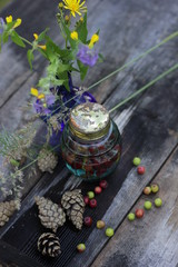 Fototapeta premium blue small bottle and blue white polka dot pitcher