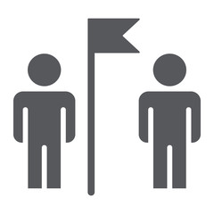 Teamwork glyph icon, team and people, two men and flag sign, vector graphics, a solid pattern on a white background.