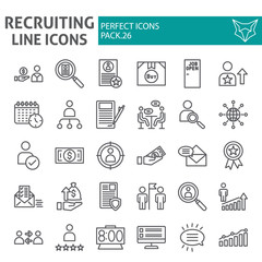 Recruiting line icon set, employment symbols collection, vector sketches, logo illustrations, job signs linear pictograms package isolated on white background.