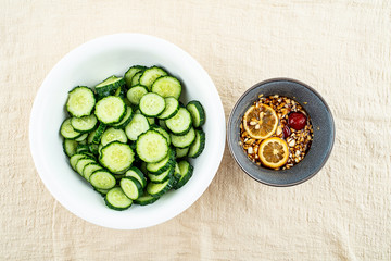 Cucumber slices and sauces