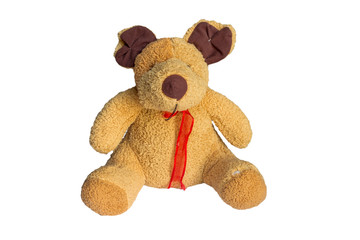 Doll toy teddy bear isolated on white, cut out and clipping path.