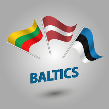 vector set waving flags of baltic states estonia, latvia and lithvania on silver pole - estonian, lativan, lithvanian icons with blue title baltics