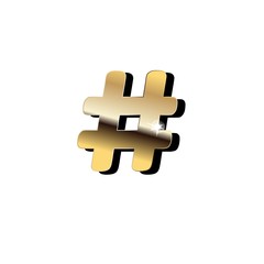 Gold hashtag sign on white background.