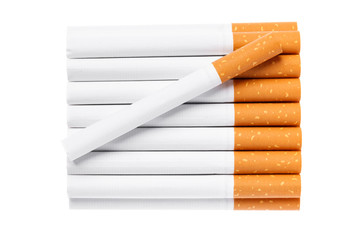 Tobacco smoking. Cigarette close up, isolated on white background.  Bad habit. Nicotine. Drug addiction. Cancer.