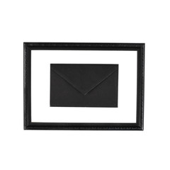 Top view of frame and black envelope isolated on white
