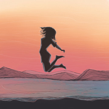 Silhouette of a young girl in a jump on the beach.Hand drawn illustration.