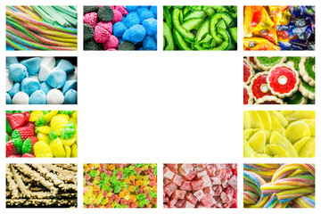 Bright collage of multicolored jelly beans candies, sweet dried fruits and fresh sweet pastries with a place for text isolated in the center. Bright background of sweets and dried fruits.