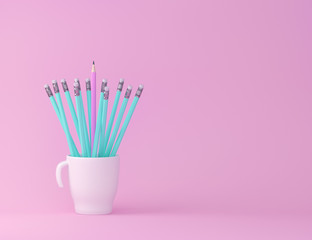 Creativity inspiration education concepts with pencil and cup on pink pastel color background....