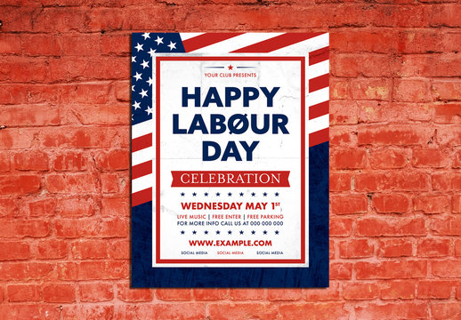 Labor Day Event Poster Layout with American Flag Graphic