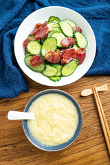 Cucumber fried sausage and millet porridge