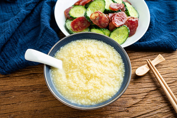 Cucumber fried sausage and millet porridge