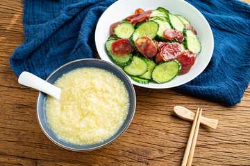 Cucumber fried sausage and millet porridge