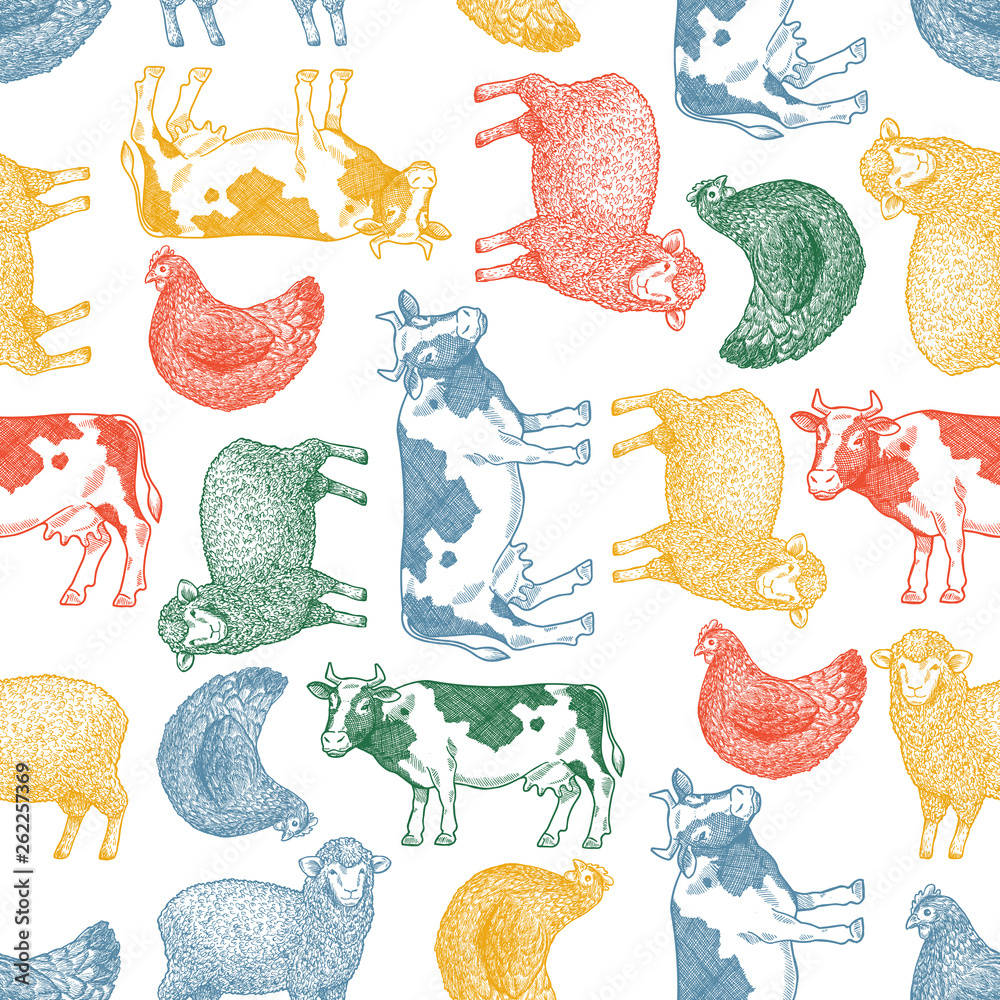 Wall mural fun farm animals seamless pattern. cow, sheep, chicken engraved vintage illustration. vector illustr