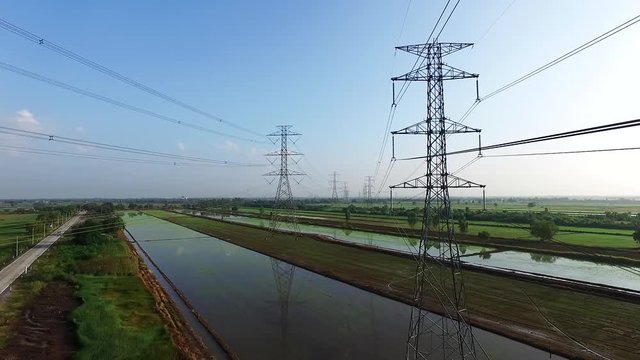 view footage of high voltage electricity tower and power lines under the beautiful sky