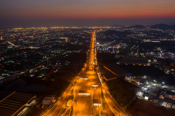 Aerial view. Traffic of expressways, motorways and highways at night
