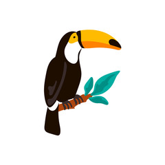 Hand drawn toucan sitting on the branch. Vector illustration