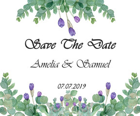 Watercolor hand painted wedding save the date invitation with green eucaliptus branches leaves and purple tulips flowers