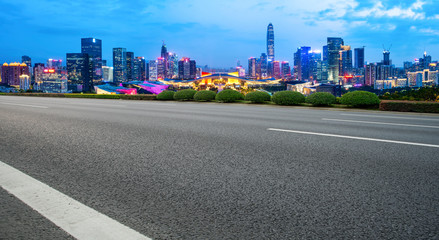 Road and skyline of urban architecture..