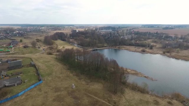 Village houses in the spring, Vishnevo Belarus. Shot by drone
