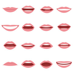 Mouth animation set. Mouths pronounce letters. Lip movement. Various open mouth options with lips, tongue and teeth. Isolated vector illustration