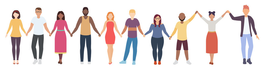 Obraz premium People hold hands. Long illustration of people of different gender and nationalism hold hands. Friends, friendship and unity of people. Isolated vector illustration