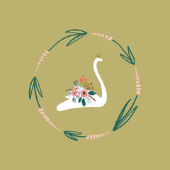 Beautiful white swan princess or queen with crown, romantic floral bouquet decor. Vector