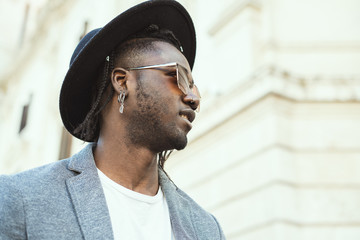 Portrait Handsome African American man elegant profile with sunglasses.Concept black man style