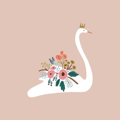 Beautiful white swan princess or queen with crown, romantic floral bouquet decor. Vector © Knstart Studio