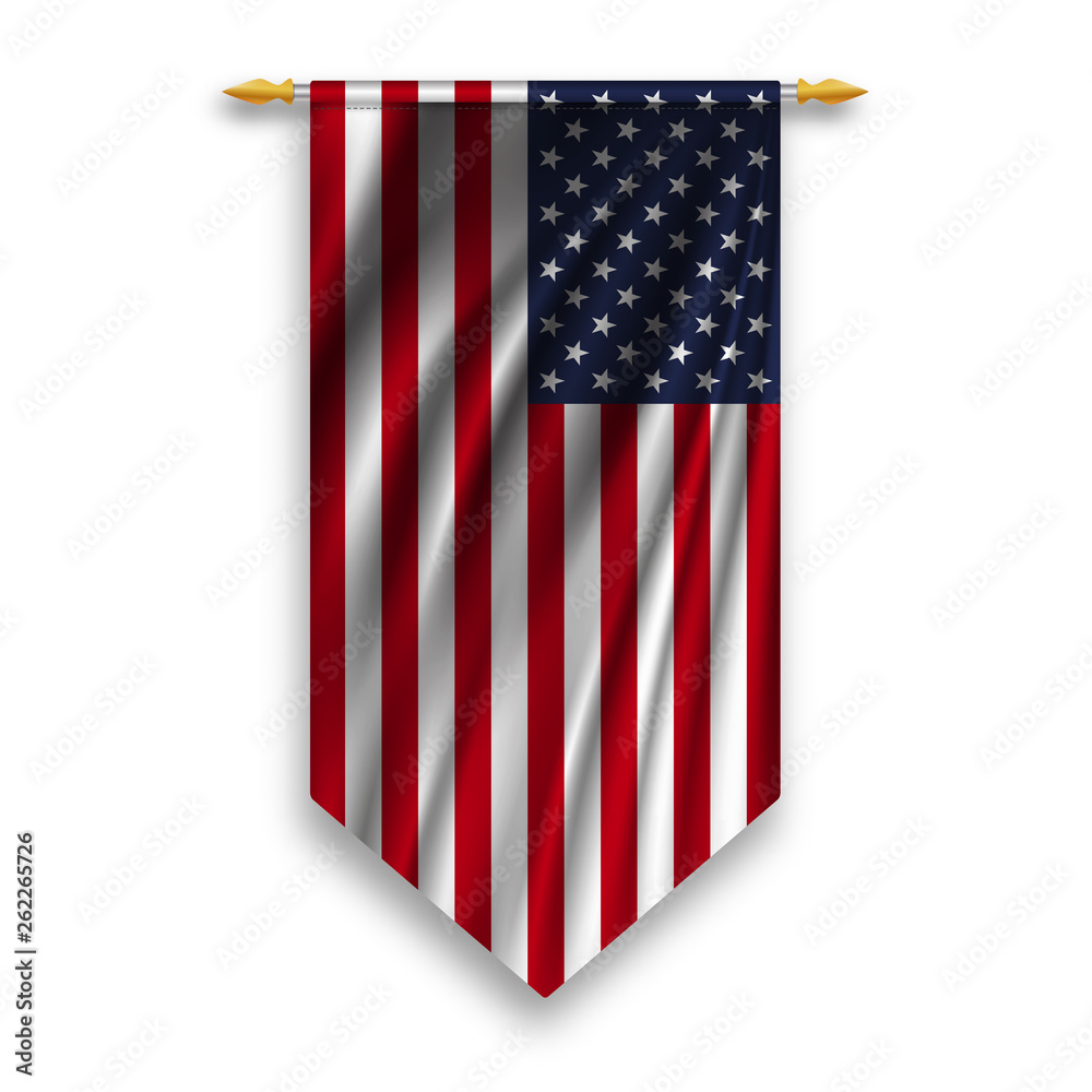 Sticker pennant usa flag on silver rod on white background. vector illustration.