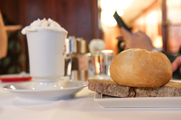 Cup of coffee. Breakfast with coffee on table. - Image