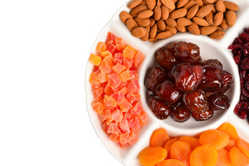 Mix of dried fruits and nuts. Apricot, raisin, cranberry, dates fruit. Isolated on a white background. Space for text or design.