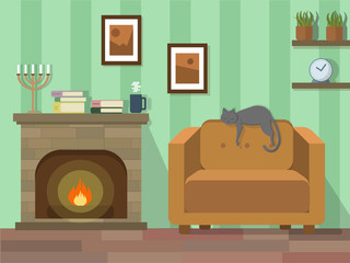 Interior room in vector with cat, seat and fireplace. Background