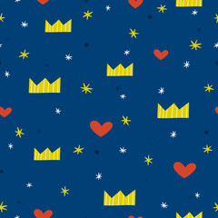 Cute doodle vector pattern with crown, hearts and stars. Darc blue background.