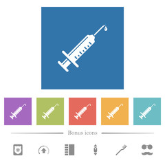 Syringe with drop flat white icons in square backgrounds