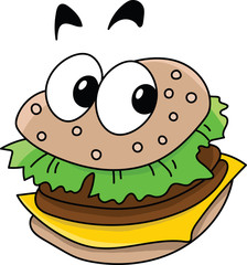 Cartoon delicious ready to eat  cheeseburger looking at camera vector illustration