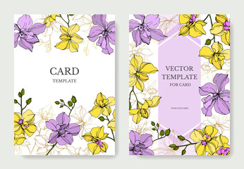 Vector Orchid floral botanical flowers. Yellow and violet engraved ink art. Wedding background card decorative border.