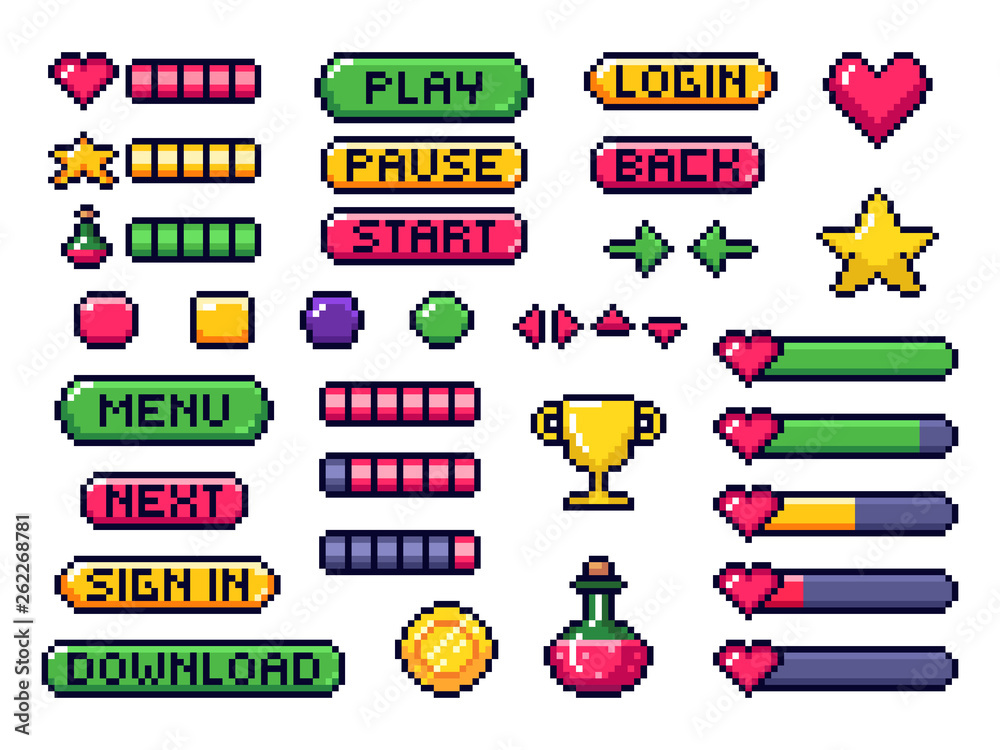 Poster pixel game buttons. games ui, gaming controller arrows and 8 bit pixels button vector set